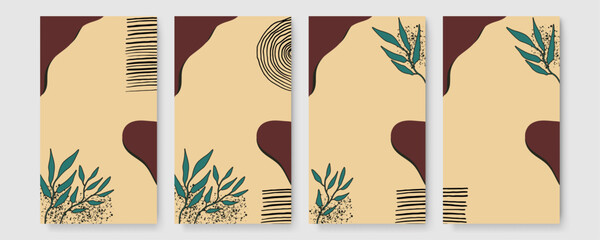 Set of floral universal artistic templates. Good for greeting cards, invitations, flyers and other graphic design. Organic background with blob, floral, leaf, abstract shapes and dots. Colourful art