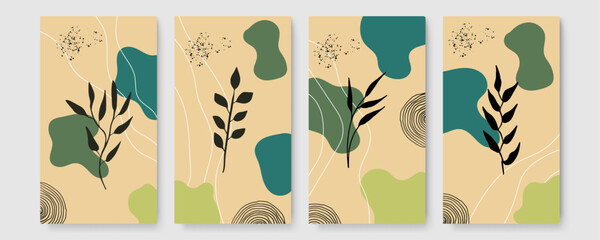 Set of floral universal artistic templates. Good for greeting cards, invitations, flyers and other graphic design. Organic background with blob, floral, leaf, abstract shapes and dots. Colourful art