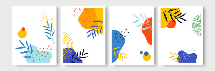 Set of floral universal artistic templates. Good for greeting cards, invitations, flyers and other graphic design. Organic background with blob, floral, leaf, abstract shapes and dots. Colourful art