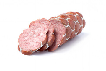 uncooked smoked sausage tied with a thin white rope, cut into pieces. isolated on white background.