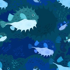 Marine life seamless pattern. Tropical fish. Pufferfish, balloonfish. - obrazy, fototapety, plakaty
