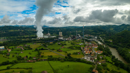 Fototapeta na wymiar aerial view of the soto de ribera thermal power plant. Asturias. Spain.