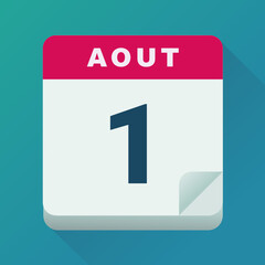 Calendrier du 1 août sur un fond bleu (flat design)