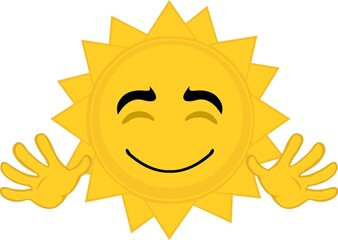 Vector illustration of emoticon of cartoon character of the sun waving with his hands