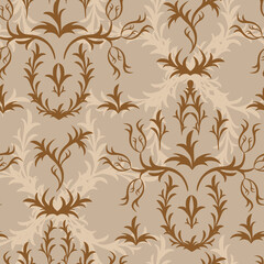 Damask seamless pattern in beige tones, abstract background with elegant swirls pattern. Vector illustration for wallpaper, fabric and paper.