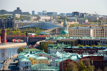 Aerial view of the Moskva River, the Sofia embankment and Zaryadye park on a spring day