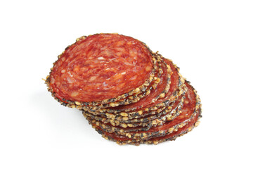 Stack of sliced cured meat isolated on white background. Dry smoked beef  thin slices