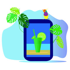 Vector drawing of a mobile phone with a drink on the screen.