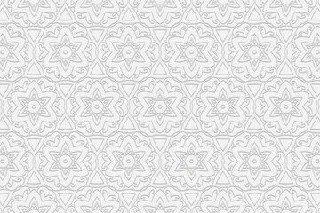 3d volumetric convex embossed geometric white background. Ethnic ornament with an original unique pattern in the style of handmade Islam, Arabic, Indian, Turkish, Pakistani, Chinese, ottoman motives.