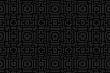 3D volumetric convex embossed geometric black background. Ethnic ornament with a figured pattern in the style of handcrafted
Islam, Arabic, Indian, Turkish, Pakistani, Chinese, ottoman motives.