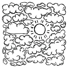 Vector illustration with sun and clouds. Doodle vector with  sun and clouds icons on white background. Vintage  sun and clouds , sweet elements background for your project, menu, cafe shop