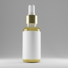 clear transparent dropper bottle with gold lid and blank label for mockup