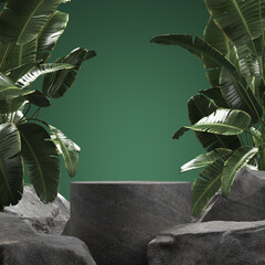 Empty stone podium with tropical leaves. 3d illustration - obrazy, fototapety, plakaty