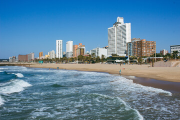 Ocean, coast and city skyline of Durban, South Africa