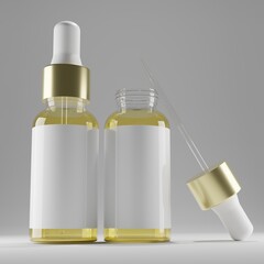 clear transparent dropper bottle with a gold lid and blank label  with open bottle for mockup