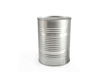 Single metallic tin can isolated on white background