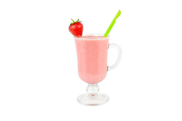 Glass of fresh strawberry milkshake, smoothie and fresh strawberries isolated on white background.