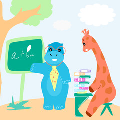 Hippo teaches giraffe math on the blackboard.