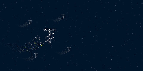 Fototapeta na wymiar A tugrik symbol filled with dots flies through the stars leaving a trail behind. Four small symbols around. Empty space for text on the right. Vector illustration on dark blue background with stars