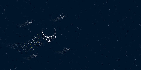 A necklace symbol filled with dots flies through the stars leaving a trail behind. Four small symbols around. Empty space for text on the right. Vector illustration on dark blue background with stars