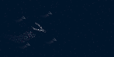Fototapeta na wymiar A pliers symbol filled with dots flies through the stars leaving a trail behind. Four small symbols around. Empty space for text on the right. Vector illustration on dark blue background with stars