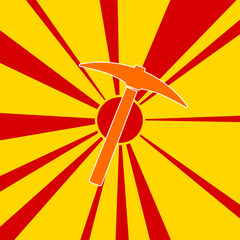 Pickaxe symbol on a background of red flash explosion radial lines. The large orange symbol is located in the center of the sun, symbolizing the sunrise. Vector illustration on yellow background