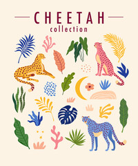 Cheetah trendy design elements collection. Vector illustration of cheetah, tropical leaves, and other elements of nature  in Matisse style