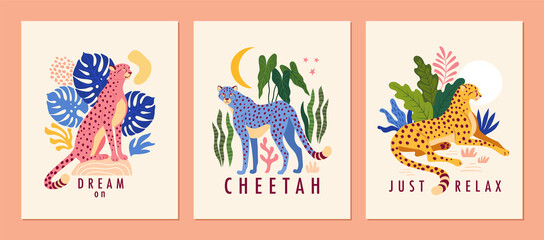 Cheetah posters collection. Vector illustration of three graphic templates with a cheetah surrounded by tropical leaves in trendy abstract style - obrazy, fototapety, plakaty