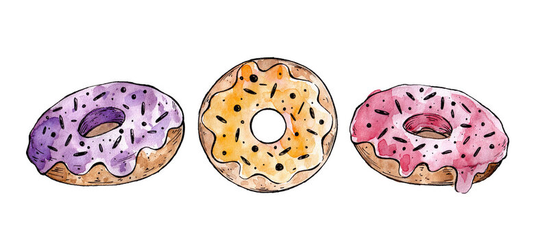 watercolor illustration of a delicious juicy donut on a white background. world donut day