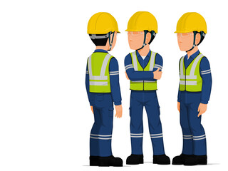 Three industrial worker have a meeting on white background