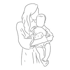 line drawing of the mother held the baby and smiled the cheek.