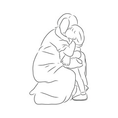 line drawing of Mother hugs her child