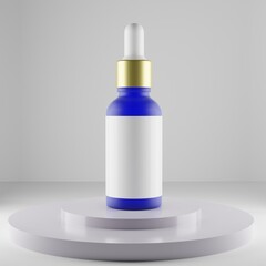 frosted glass blue dropper bottle with gold lid and a blank label for mockup