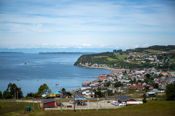 Fototapeta na wymiar View of Achao on Quinchao Island in Chiloé, Chile. Southern town close to the sea