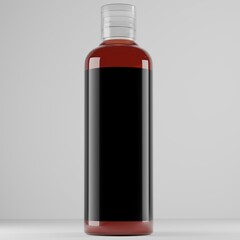 clear transparent shampoo bottle with amber-brown liquid and a blank  label for mockup