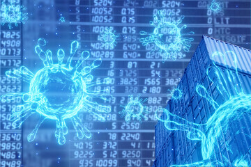 Global Coronavirus or COVID-19 epidemic has led to a halt in the import and export logistics business and stock market on crash concept, blue tone color background
