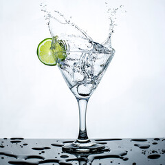 vodka splash in glass when falling an ice with white background and black table