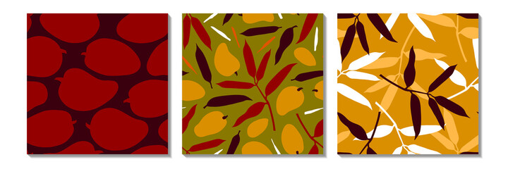 Seamless patterns with fruits and leaves of mango. Surface design. Vector illustration. 