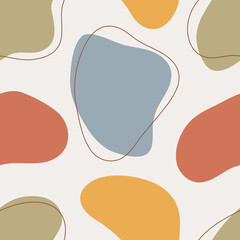 Organic shapes seamless pattern. Hand drawn vector illustration with abstract forms and lines, pastel colors. Background for prints, fabrics, posters, covers, social media posts.