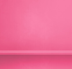 Fototapeta premium Empty shelf on a pink wall. Background template. Square banner