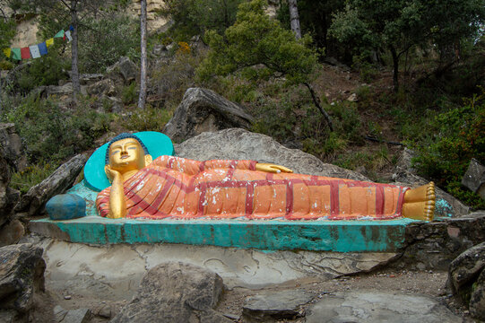 Buddhist Temple of Dag Shang Kagyu in Panillo, Aragon, Spain,  Details in a Buddhist temple Dag Shang Kagyu,  the Vajrayana Buddhist centre in the Aragonese Pyrenees.

