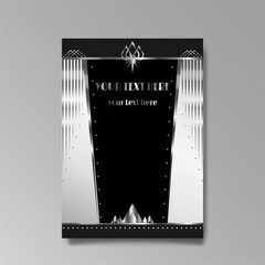 Art Deco template golden black, A4 page, menu, card, modern invitation, Moon stars and city lights in a Art Deco