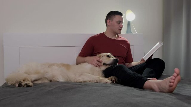 A young man reads a book in the evening light and strokes a dog with glasses. The guy scratches the golden retriever on the bed in the evening. The concept of pets as friends.