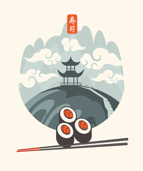 Vector banner, menu or label with sushi and chopsticks on the background of a Japanese mountain landscape with gazebo on a hill. Hieroglyph Sushi. Traditional Chinese and Japanese cuisine