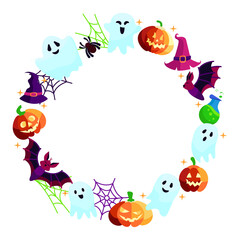 Smiling and pumpkin Halloween illustrations set: ghost, cat, bat, witch, castle, pumpkins, cauldron of potion, bats, witch hat. Set of cute vector Halloween elements, objects round frame
