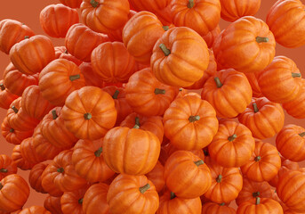 Pumpkins background. Background food style. Background texture with flying pumpkins. Pattern consists entirely gourds. Three-dimensional texture orange. 3d rendering pattern on theme of food design