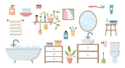Bathroom elements. Set objects furniture and interior for bathrooms. Sink with mirror and toilet bowl in flat style. Bath with foam on an isolated background. Collection of hygiene accessories.