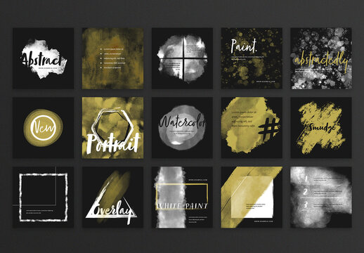 Abstract Gold and Dark Social Media Layouts with Brush Stroke Elements