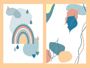 Hand drawn set of minimalistic abstract boho posters with rainbow, raindrops, plants. Design for template, logo, posters, interior, invitations.