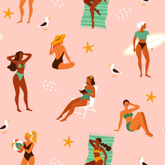Summer girls pattern. Vector seamless pattern with young cartoon women in swimsuits spending time on a beach in different actions: standing, sitting, laying.